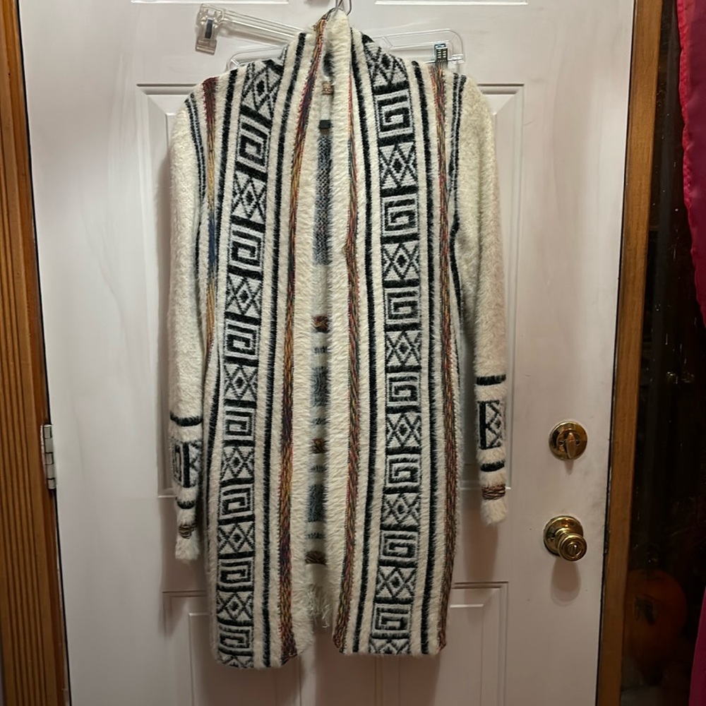 Long printed open cardigan sweater